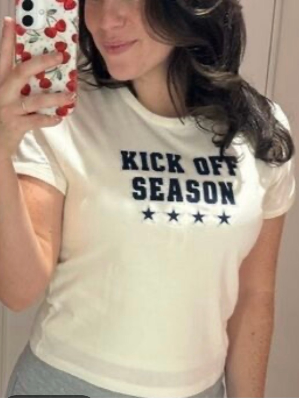 Victoria's Secret White Tee with Navy "Kick Off Season" Graphic